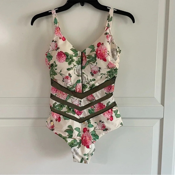 NWOT Leonisa floral mesh compression shapewear one piece swim suit 15019 - Picture 2 of 11